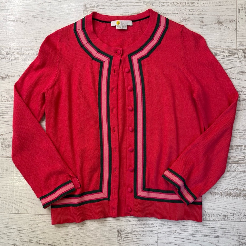 Boden Hot Pink Cardigan Sweater with Green Striped Trim